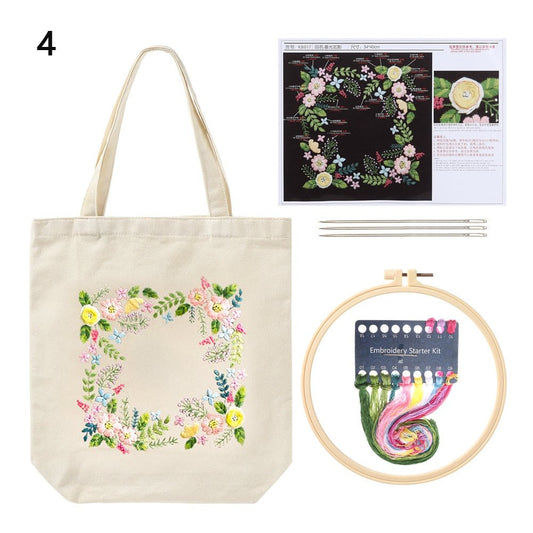 DIY Natural Canvas Tote Bag Embroidery Kit Yellow Floral Art