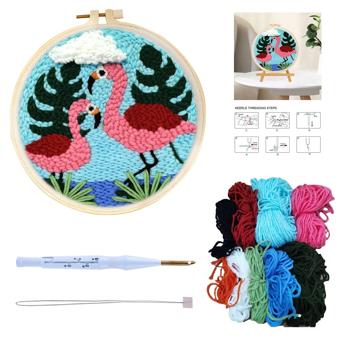 DIY Punch Needle Starter Kit For Beginners - Tropical Flamingos