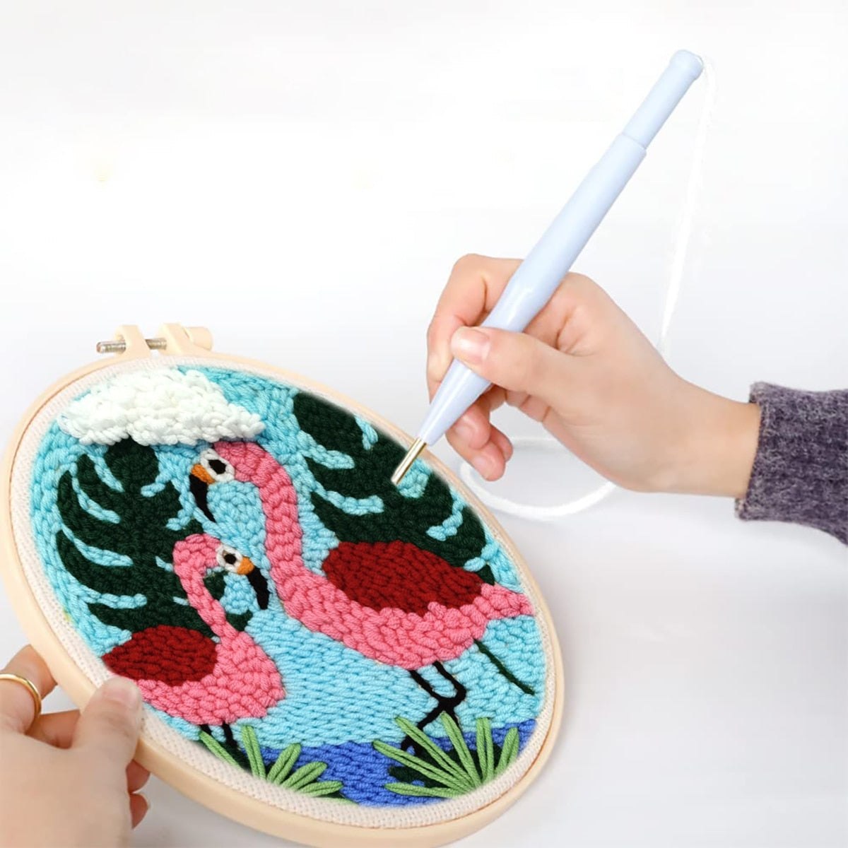 DIY Punch Needle Starter Kit For Beginners - Tropical Flamingos