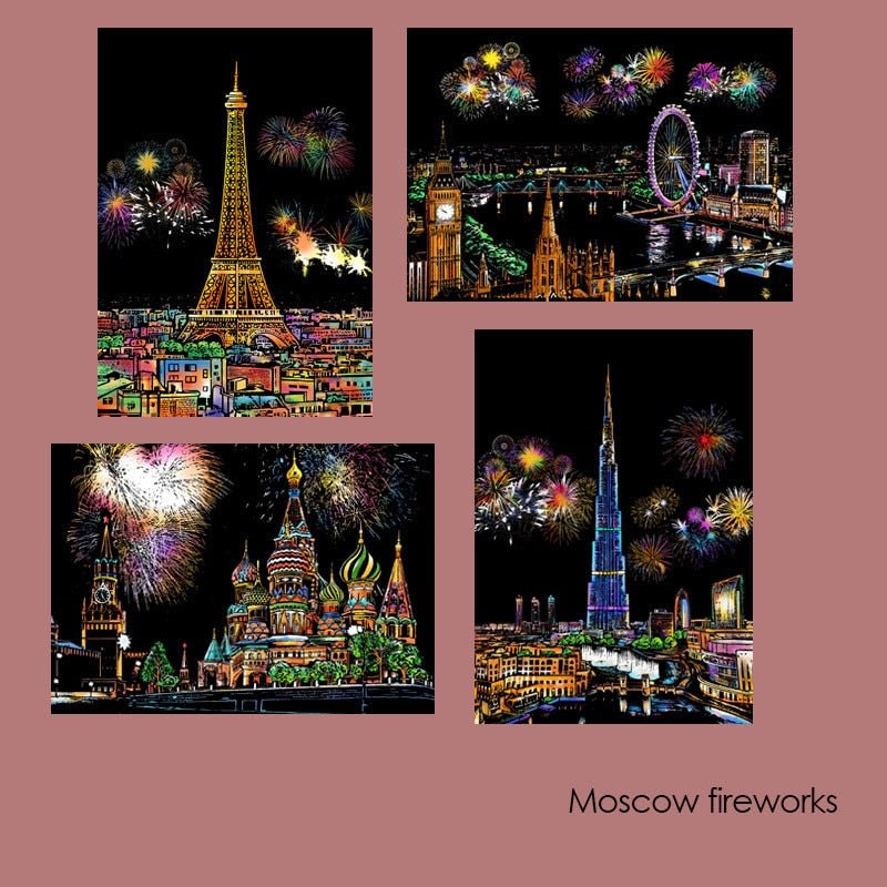 DIY Scratch Art Painting Drawing 4 x A4 Designs Bundle - City Fireworks Scratch Art Kit