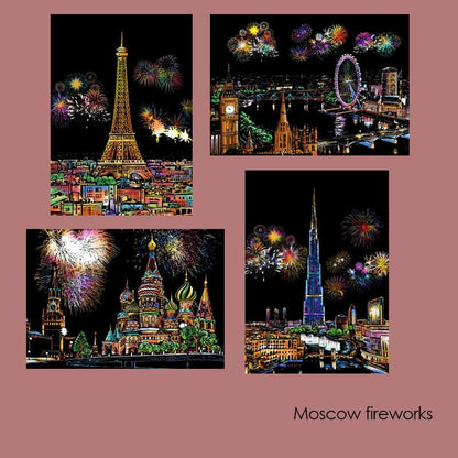 DIY Scratch Art Painting Drawing 4 x A4 Designs Bundle - City Fireworks Scratch Art Kit