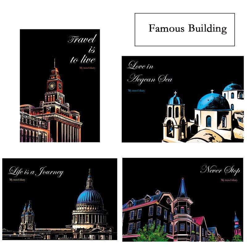 DIY Scratch Art Painting Drawing 4 x A4 Designs Bundle - Famous Buildings Scratch Art Kit