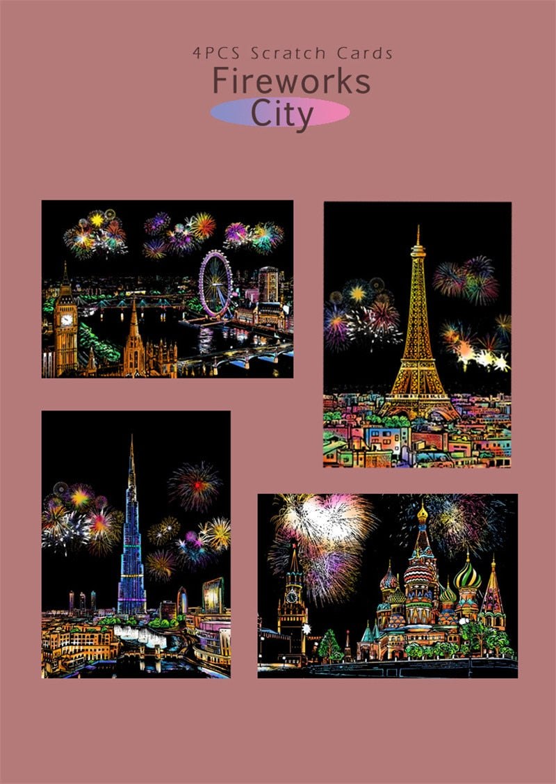 DIY Scratch Art Painting Drawing 4 x A4 Designs Bundle - City Fireworks Scratch Art Kit