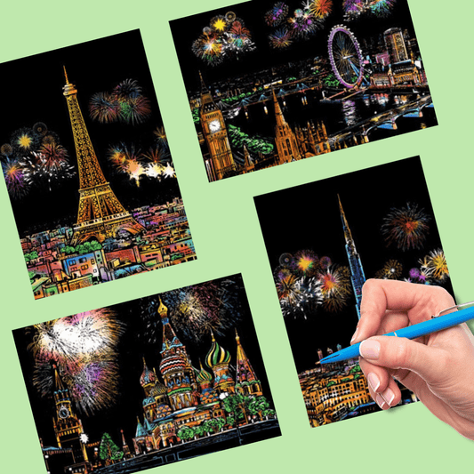DIY Scratch Art Painting Drawing 4 x A4 Designs Bundle - City Fireworks Scratch Art Kit