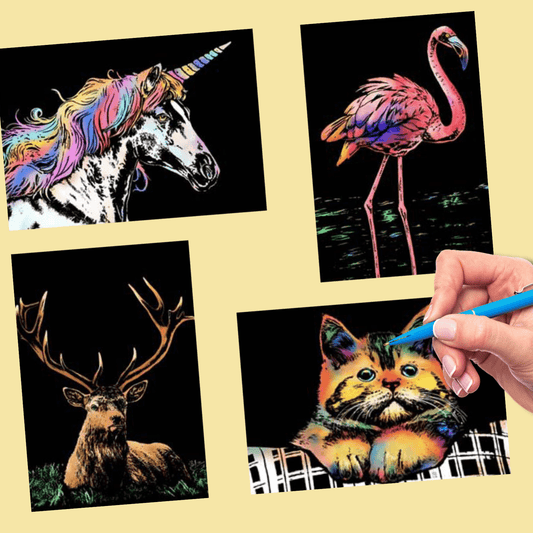 DIY Scratch Art Painting Drawing 4 x A4 Designs Bundle - Cute Creatures Scratch Art Kit