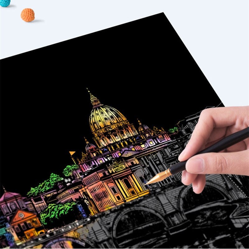 DIY Scratch Art Painting Drawing 4 x A4 Designs Bundle - Famous Buildings Scratch Art Kit