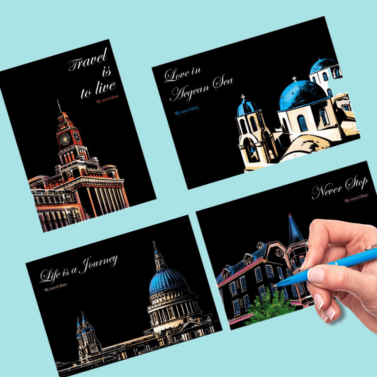 DIY Scratch Art Painting Drawing 4 x A4 Designs Bundle - Famous Buildings Scratch Art Kit