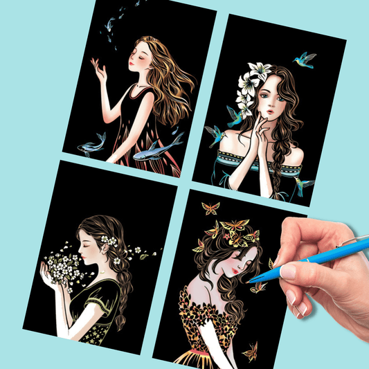 DIY Scratch Art Painting Drawing 4 x A4 Designs Bundle - Lovely Lady Scratch Art Kit