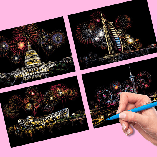 DIY Scratch Art Painting Drawing 4 x A4 Designs Bundle - NYE Fireworks Scratch Art Kit