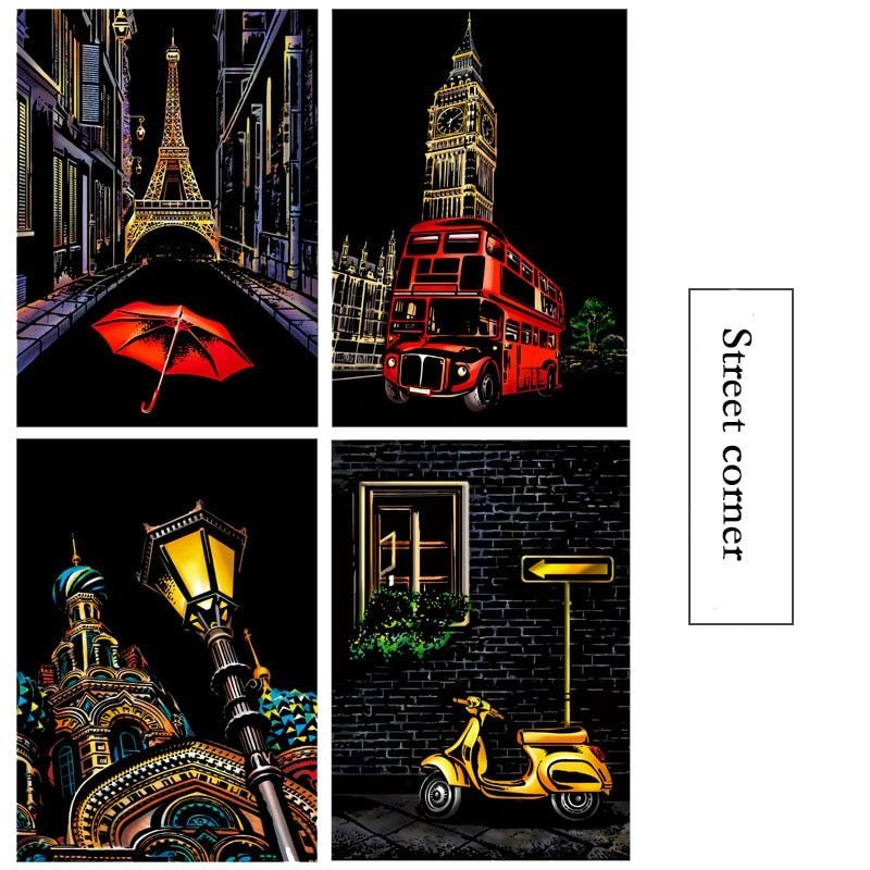 DIY Scratch Art Painting Drawing 4 x A4 Designs Bundle - Street Corner Scratch Art Kit