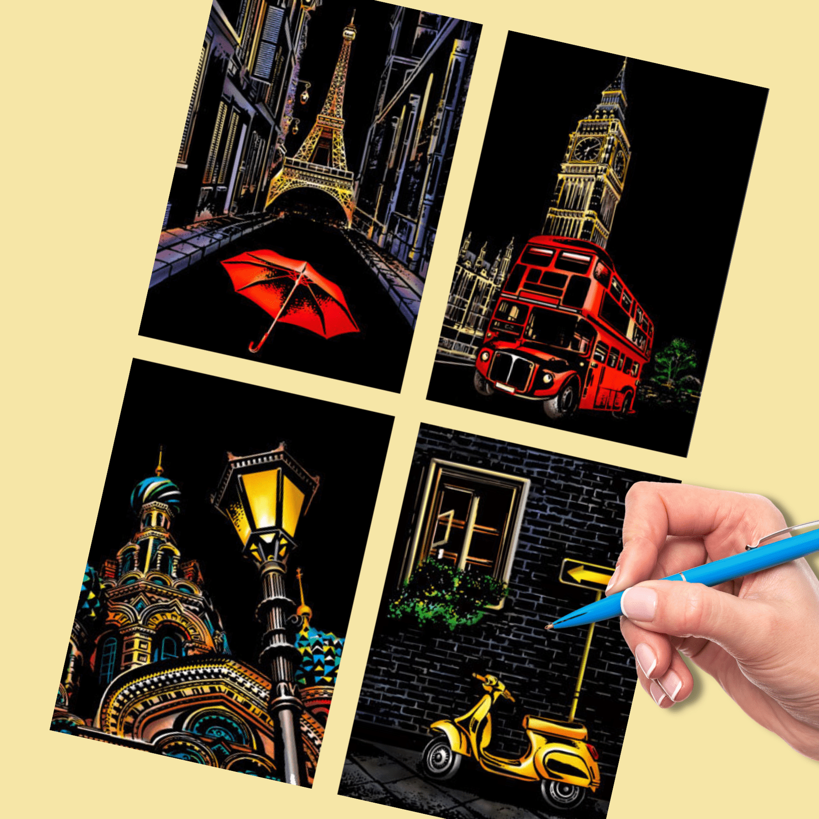 DIY Scratch Art Painting Drawing 4 x A4 Designs Bundle - Street Corner Scratch Art Kit