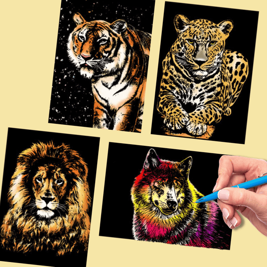 DIY Scratch Art Painting Drawing 4 x A4 Designs Bundle - Wild Animals Scratch Art Kit