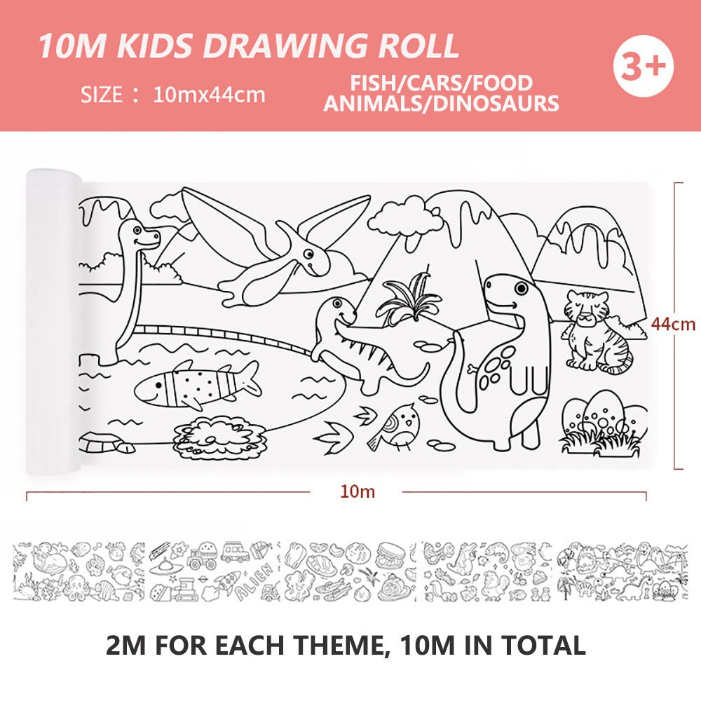 Giant Kids Colouring Paper Roll 44cm*10m - fish, cars, food, animals,dinosaurs