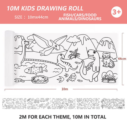 Giant Kids Colouring Paper Roll 44cm*10m - fish, cars, food, animals,dinosaurs