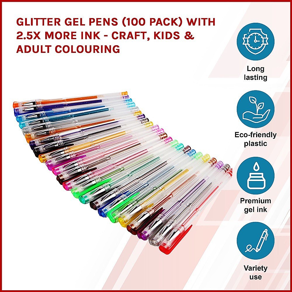 Glitter Gel Pens 100 pack with 2.5X More Ink - Craft, Kids & Adult Colouring Drawing Painting Kits