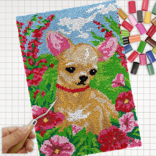 Latch Hook Kit - Rug Making Kit Chihuahua Floral 58x87cm