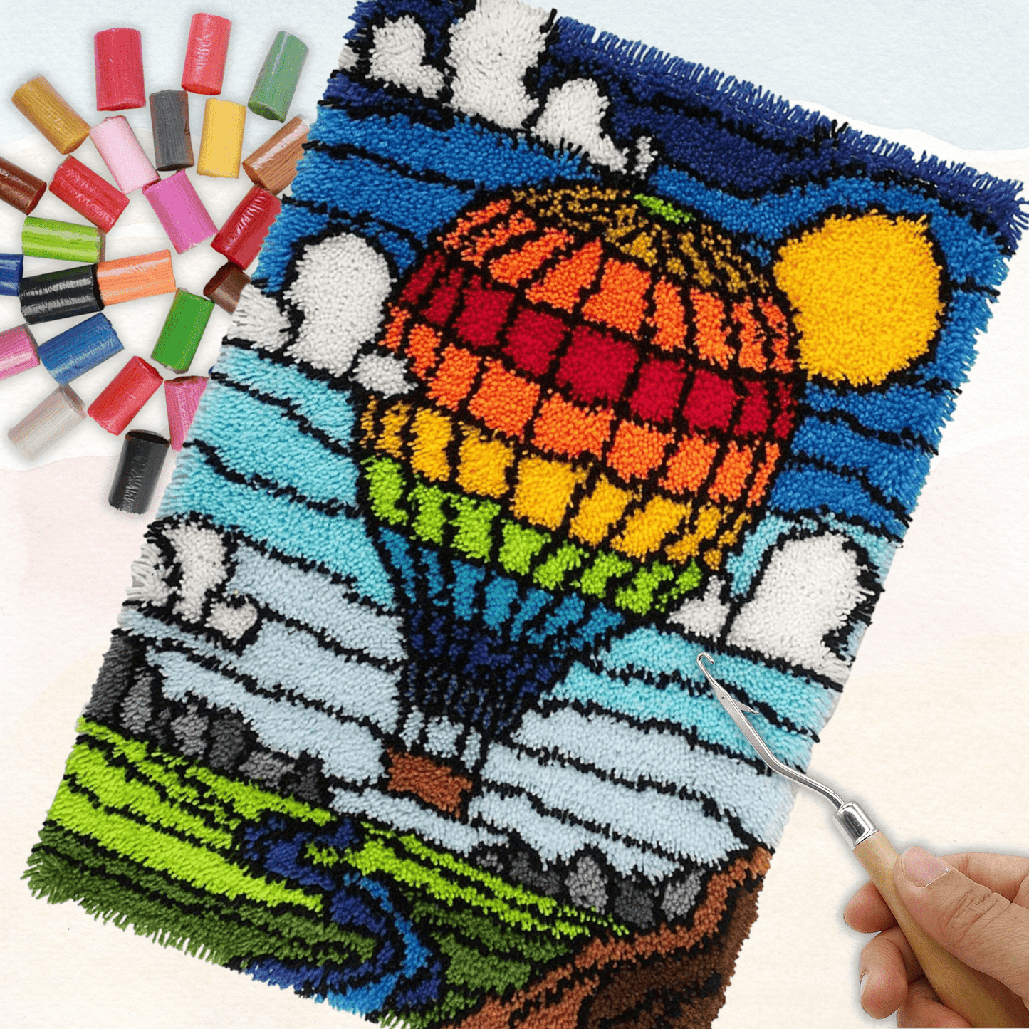 Latch Hook Kit - Rug Making Kit - Rainbow Hot Air Balloon 69x102cm