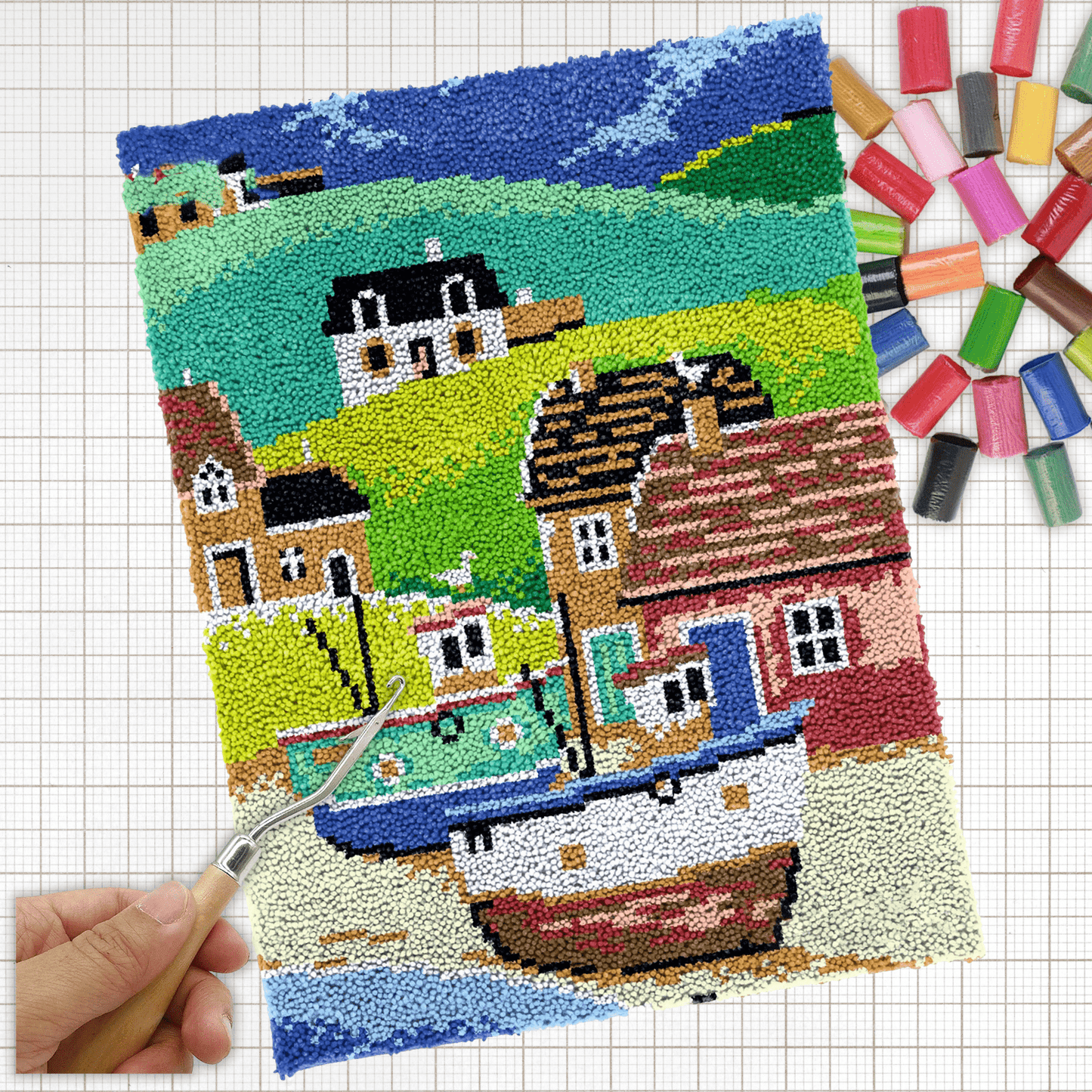 Latch Hook Kit - Rug Making Kit Seaside Village 61x81cm