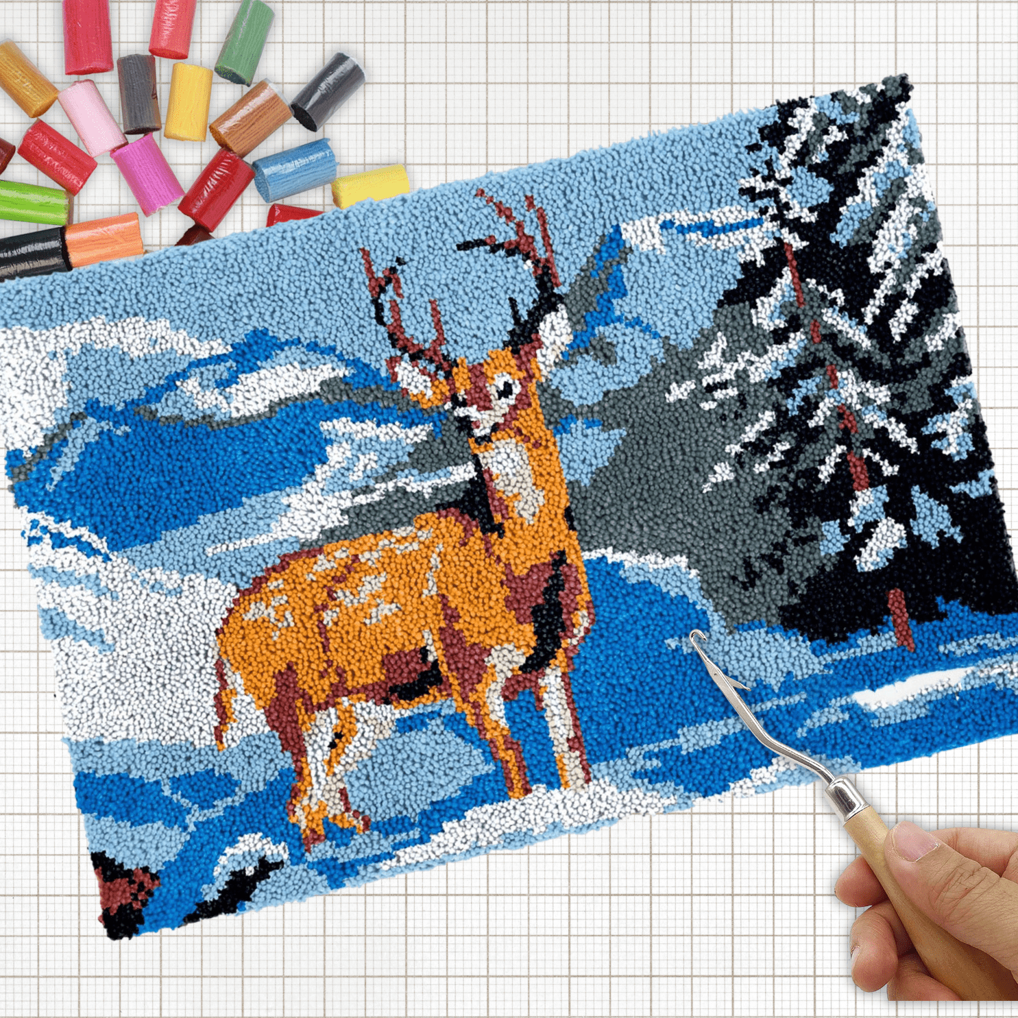 Latch Hook Kit - Rug Making Kit Snowy Mountains Deer 85x58cm