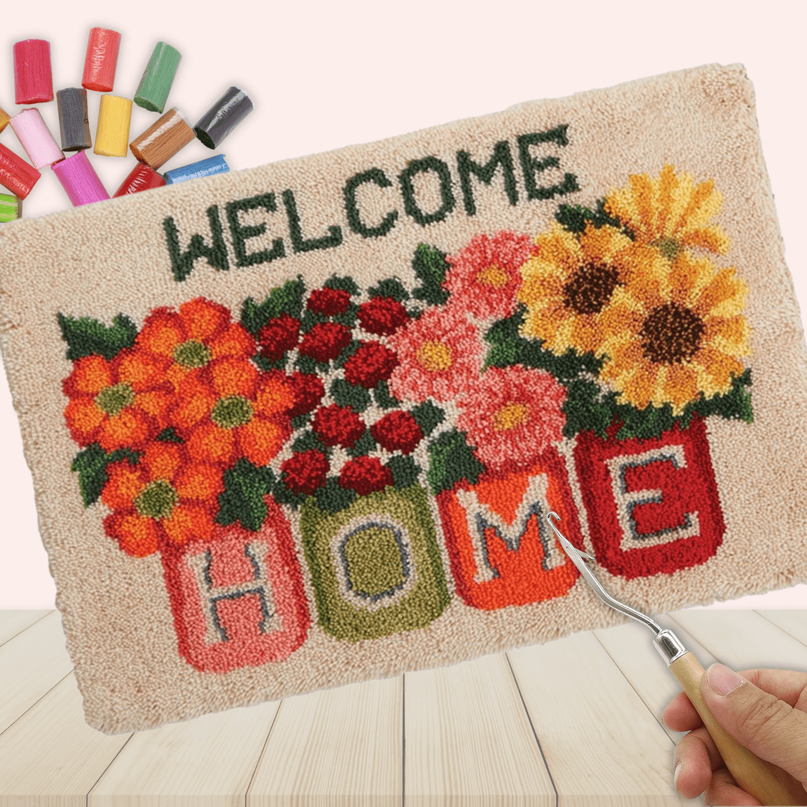 Fabric Rug Kit Latch Hook Kit - Rug Making Kit Welcome Home Floral Matt 102x69cm ...