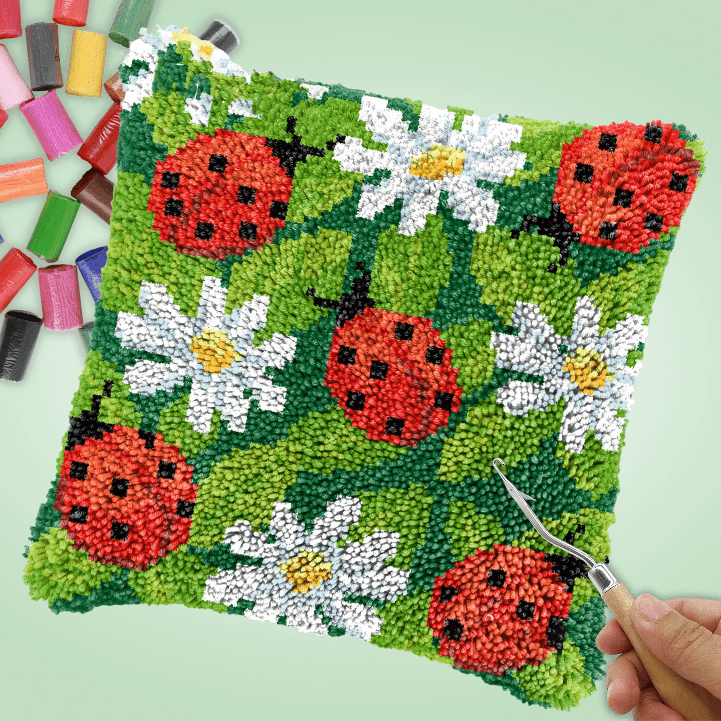 Latch Hook Pillow Making Kit - Ladybug in Flowers
