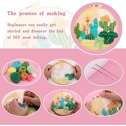 Needle Wool Felt Painting Craft Kits With Frame - Beach Cactus Wool Felting Kits