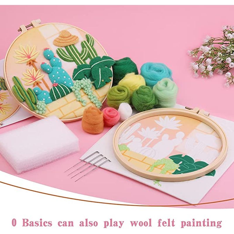 Needle Wool Felt Painting Craft Kits With Frame - Beach Cactus Wool Felting Kits