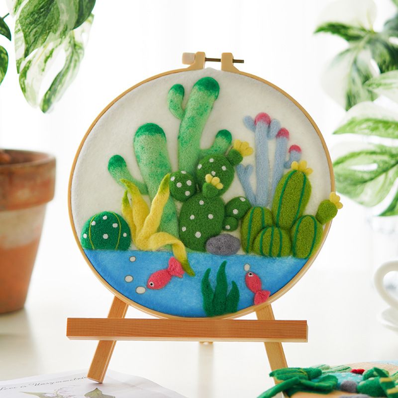 Needle Wool Felt Painting Craft Kits With Frame - Cactus Pond Wool Felting Kits