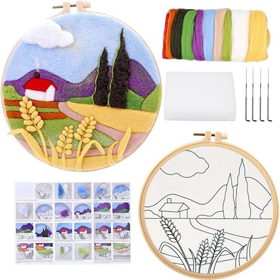 Needle Wool Felt Painting Craft Kits With Frame - Lavender Hot Air Balloon Wool Felting Kits