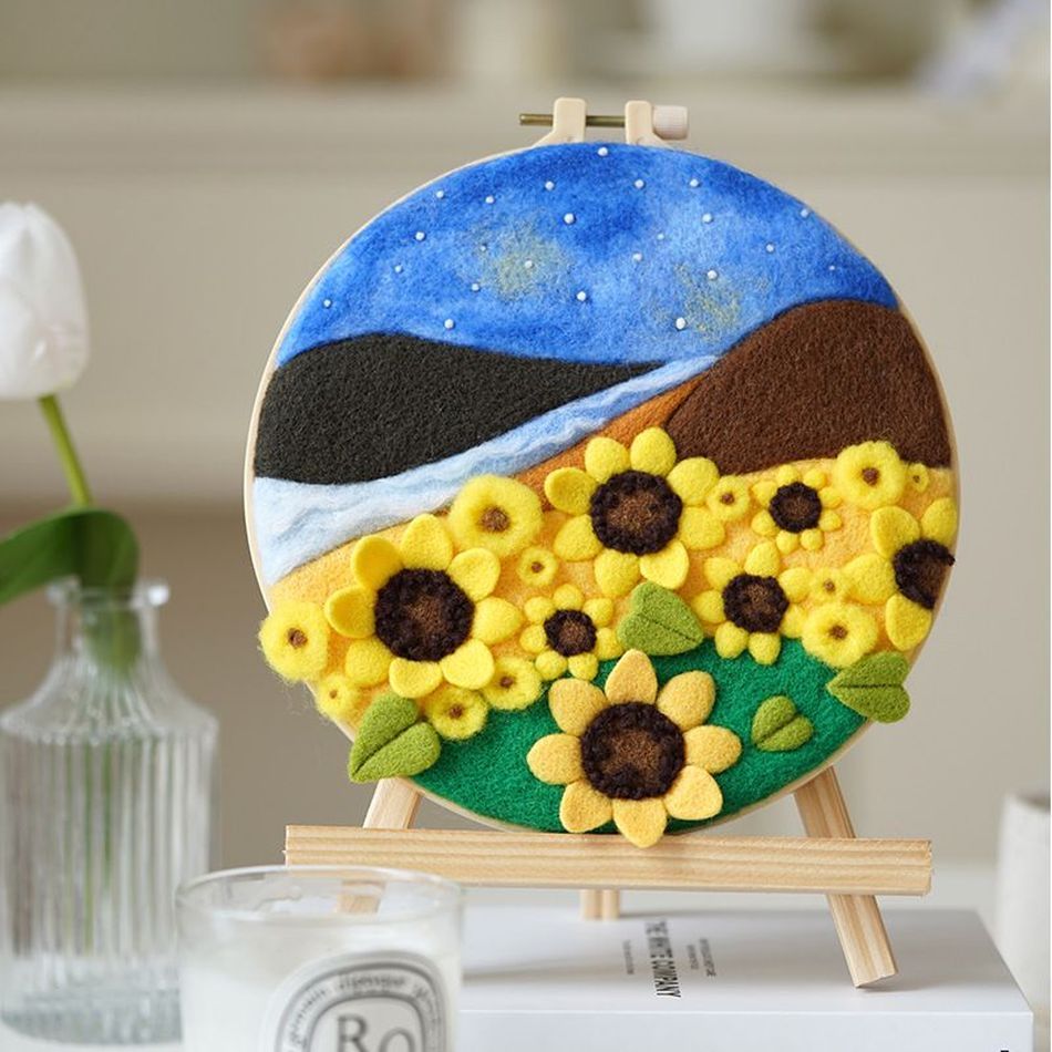 Needle Wool Felt Painting Craft Kits With Frame - Sunflower Field Wool Felting Kits