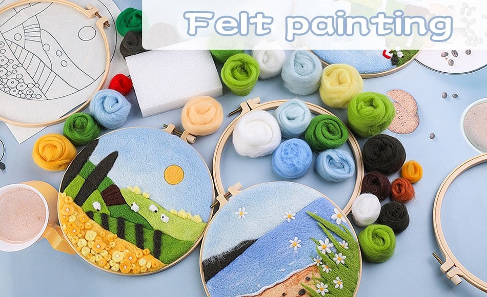 Needle Wool Felt Painting Craft Kits With Frame - Summer Flowers Wool Felting Kits