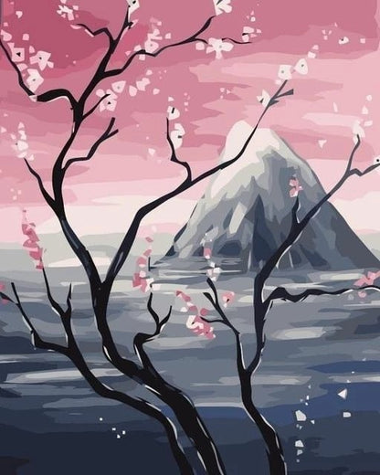 Paint Numbers Landscape Japan Blossom Tree Mountains 
