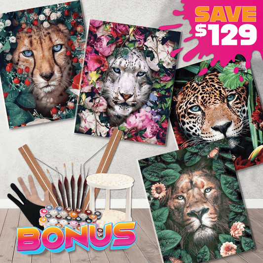 Paint By Numbers Starter Bundle - Floral Big Cats, Lions, Tigers Paint By Numbers