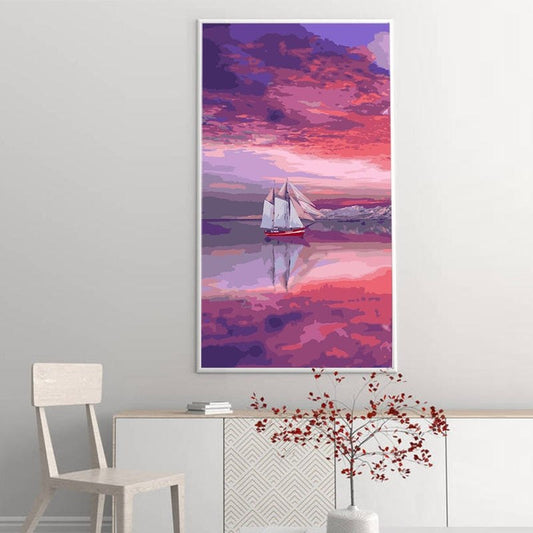 Panoramic Paint By Numbers Kit - Twilight Pink Purple Sailing Boat Pant