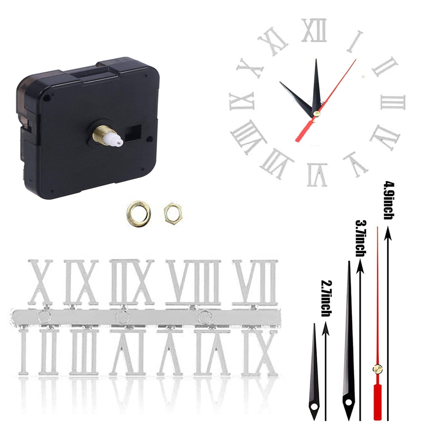 Kit Including Quartz Clock Movement and Mechanical Parts, Hands, Dial Numerals Resin Mould