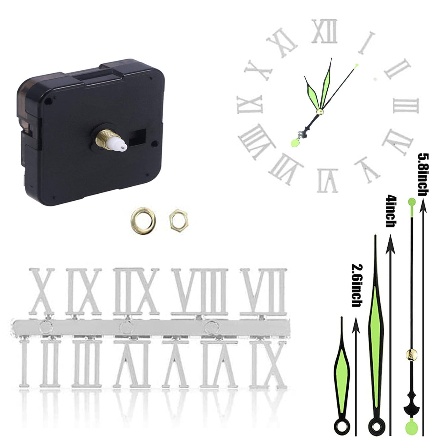 Kit Including Quartz Clock Movement and Mechanical Parts, Hands, Dial Numerals Resin Mould