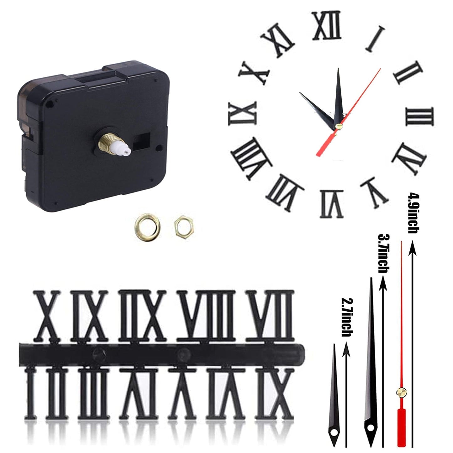 Kit Including Quartz Clock Movement and Mechanical Parts, Hands, Dial Numerals Resin Mould