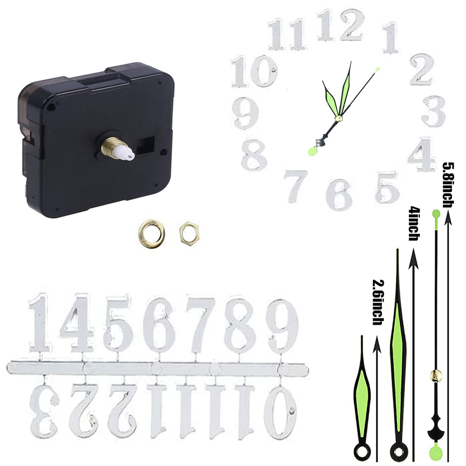 Kit Including Quartz Clock Movement and Mechanical Parts, Hands, Dial Numerals Resin Mould