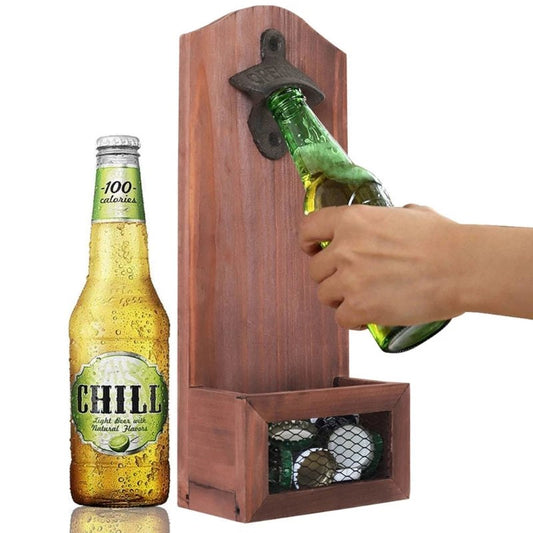 Wall Mounted Vintage Wooden Bottle Opener with Cap Catcher Blanks